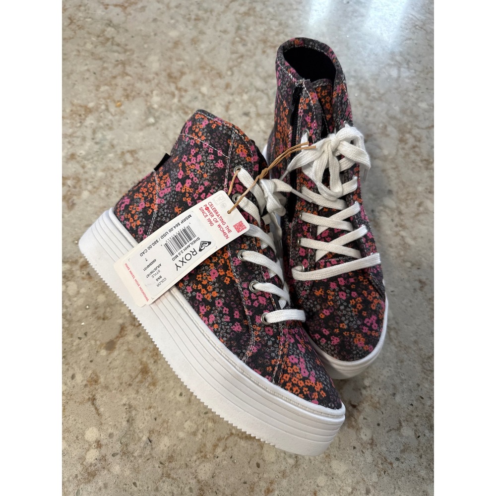 Roxy Sheilahh 2.0 Mid Floral Print Platform Sneakers Black Pink Orange